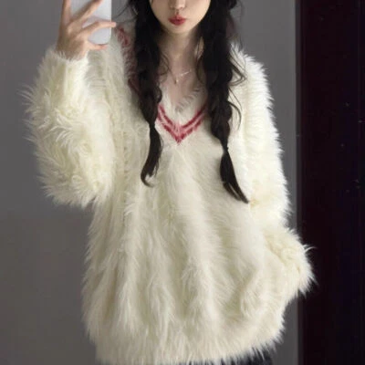 Mujeres Prendas de punto retro Mohair Suéter Jersey Felpa Esponjoso Cuello en V Blanco Preppy Foto 1 de 4