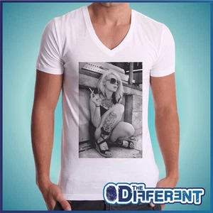 T-SHIRT COLLO V TATTOO GIRL FUMA SMOKE THE HAPPINESS IS HAVE MY T-SHIRT NEW - Imagen 1 de 1