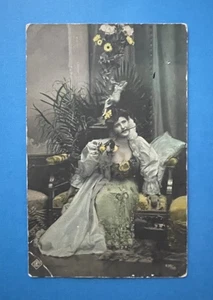 RPPC Colored Tint Pretty Woman W/rose In Mouth Postcard Lovely Vase 1908 - Picture 1 of 9