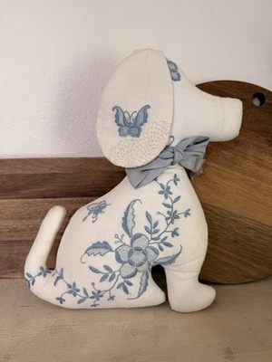 1994 Handmade Embroidery And Lace Decorative Dog Puppy Pillow Blue And White - Image 1 of 4