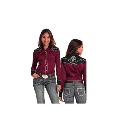NWT-rock and roll cowgirl-M-Burgundy& black,Western, cowgirl,long sleeve shirt. - Image 1 of 4