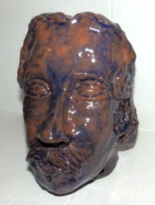 Scultura testa ceramica smaltata marrone e blu primitiva vintage in rosso pesante - Foto 1 di 20