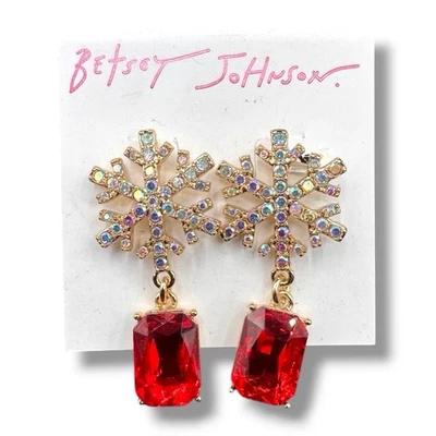 Betsey Johnson Snowflake Red Kitschy Jewel Dangle Holiday Pierced Earrings - Image 1 of 2