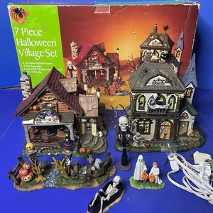 Halloween Village Set Porcelain Lighted Houses With Box 7 Piece Walmart Dept 18 - Picture 1 of 23