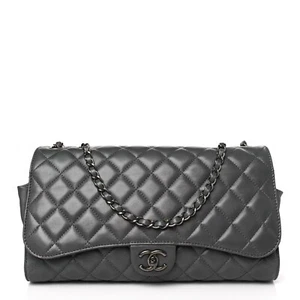 Chanel Lambskin Quilted Jumbo Grocery Drawstring Shopping Shoulder Bag Gray - Picture 1 of 10