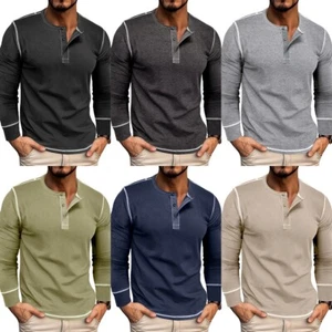 Camisa Henley cómoda para hombre mezcla de algodón tela informal aspecto deportivo varios colores - Imagen 1 de 21