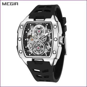 MEGIR Schwarz Silikon Armband Herren Mechanische Uhr Luxus Automatik - Bild 1 von 28