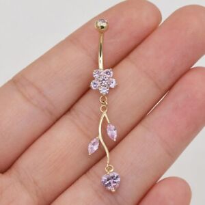 Lab Created Pink Sapphire Dangle Navel Belly Button Ring 925 Silver Gold Plated