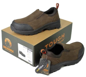 BRAHMA - SIZE: 7.5 WIDE - Brown Leather Shale Steel Toe Slip-On Work Shoes -NEW! - Picture 1 of 15