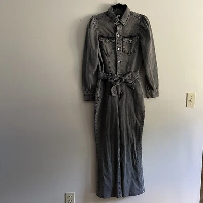 Gap Women 4 Washed Black Grunge 90s Washwell Belted Puff Sleeve Denim Jumpsuit - Image 1 of 4