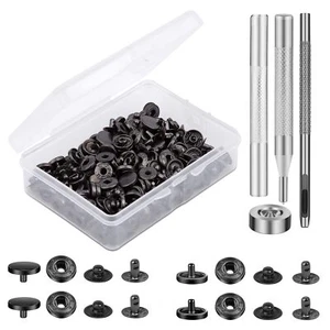 50 Sets Leather Snap Fasteners Kit 10mm Black Metal Snap Buttons kit - Picture 1 of 7