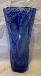 Signed and Numbered Art Glass Vase Blue Swirl 8” - Picture 1 of 3
