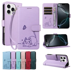 For iPhone 16 15 14 13 12 11 XR Cute Cat Pattern Wallet Phone Case Leather - Picture 1 of 30