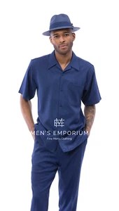 NUEVO Para Hombres Montique 2 Piezas Conjunto de Caminar de Verano Traje de Ocio Ajuste Regular Azul Marino - Imagen 1 de 1
