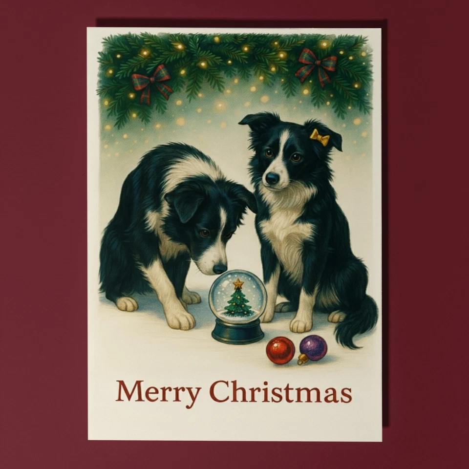 SMART JESTER Border Collie Dogs - Snow Globe - Merry Christmas Card & Envelope Personalised