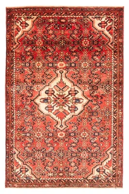 Alfombra de lana oriental anudada a mano vintage roja tradicional de 3'8" x 5'9" Foto 1 de 4