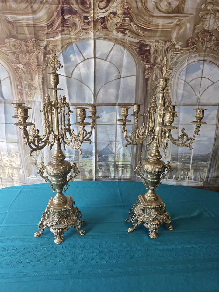 Par de candelabros | Dos candelabros de bronce de mediados de 1900 | Barroco vintage | 27,2" Foto 1 de 3