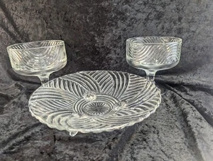 Clear Glass Swirled Footed Compote Dishes (2) & Matching Footed Bowl - Picture 1 of 9