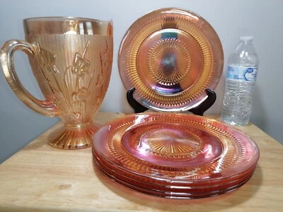 Jarra de iris naranja vintage de 52 oz y platos de vidrio arco iris de caléndula Fiesta de 10" Foto 1 de 4