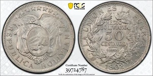 1902 Bolivia 50 Centavos PCGS MS63 Silver Coin PTS MM Potosi Gold Shield Secure - Picture 1 of 6