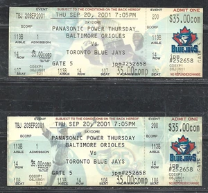 SKYDOME PANASONIC POWER BALIMORE ORIOLES VS TORONTO BLUE JAYS TICKETS SEP 2001 - Picture 1 of 2
