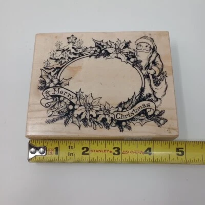 Feliz Navidad Santa Acebo Círculo Marco PSX K-352 Sello de Goma Montado en Madera Foto 1 de 4