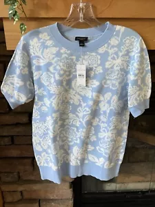NWT Ann Taylor Factory Women's Blue & White Floral Short Sleeve Sweater Top Sz S - Picture 1 of 4