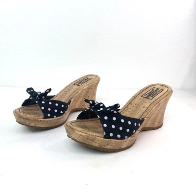 Arizona Womens Wedge Sandals Slip On White Polka Dots Bows Faux Cork Size 6 Boho - Image 1 of 4