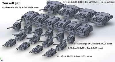 1:700, 1:350 German Navy Secondary Guns, WWI, WWII, heavy AA guns 88mm, 150mm - Bild 1 von 4