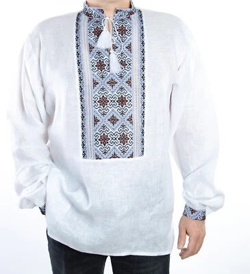 Ukrainian Linen Men's white Vyshyvanka Authentic Hand Cross gray Embroidery - Image 1 of 4