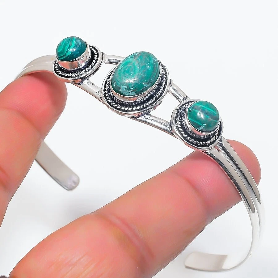 Brazalete de joyería de plata de ley 925 hecho a mano con piedras preciosas de malaquita verde tamaño 7-8" Foto 1 de 1