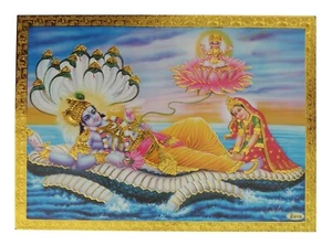 Gold Foil Embossed Hindu God Picture LORD VISHNU GODDESS LAKSHMI 18.4 x 13.2 cm - Picture 1 of 3