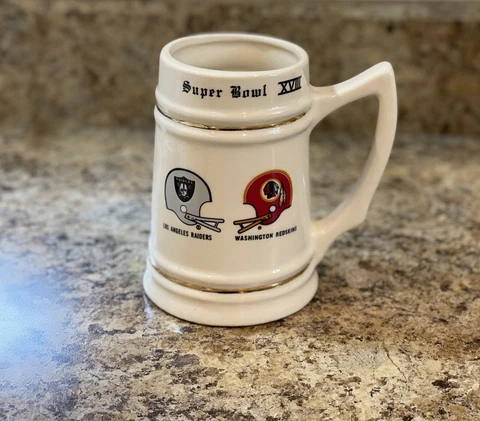 1984 Super Bowl XVIII Mug Beer Stein Tanker LA Raiders Washington Redskins Cover