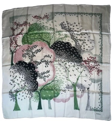 Bufanda Vintage Eco Cuadrada Marfil Árboles Malva Marrón Verde Otoño Arte Popular Años 60 70 Foto 1 de 4