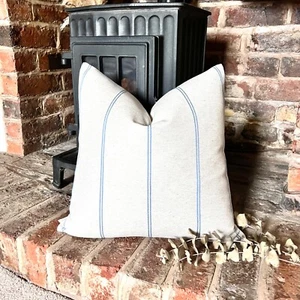 1514. Handmade Blue Galway Stripe LINEN blend Cushion Cover, Various sizes - Picture 1 of 5