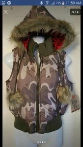 Women Juniors camouflage Vest Pom Poms Faux Fur Hood Route 66 NWTS - Picture 1 of 3