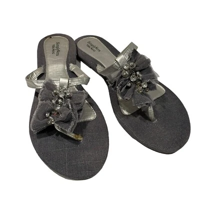 11 XL Simply Vera Vera Wang Thong Sandals Flip-flop Gray Denim Blue Bling Ruffle - Image 1 of 4