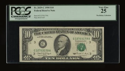 DBR 1990 $10 FRN Philadelphia Fr. 2029-C PCGS 25 Serial C12703179A - Image 1 of 2
