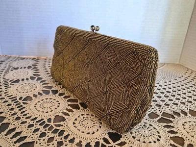 "Richere" Vintage Bronze Intricate Hand Beaded Clutch Purse w/Original Mirror  - Image 1 of 4