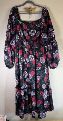 Simply Be Black & Multi Colour Floral Long Dress UK 20 Square Neck Puff Sleeve - Image 1 of 4