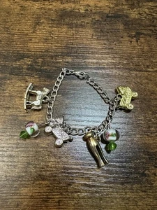 Vintage Baby Love Cracker Jack Charm Bracelet Plastic Silver Tone Free Ship - Picture 1 of 2