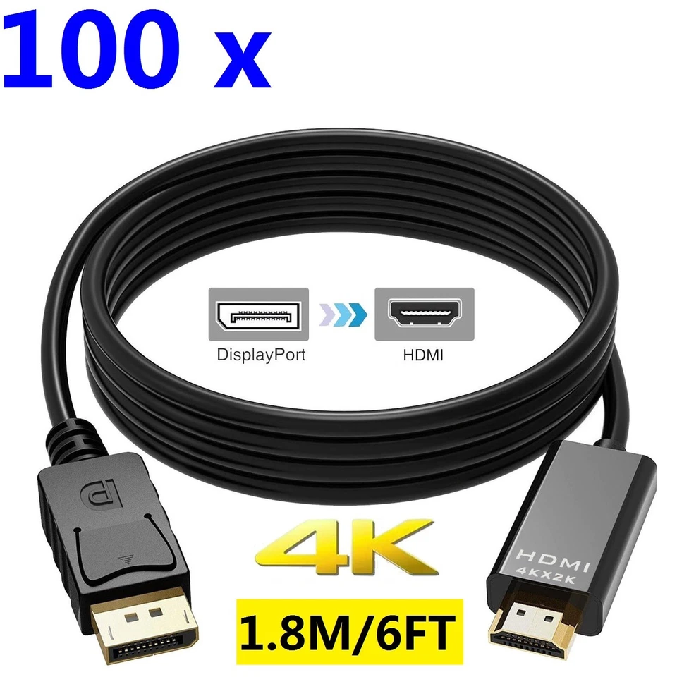 Lot 100 x 6FT/1.8M DisplayPort DP to HDMI Male to Male Cables Adapters 4K 1080P - Image 1 of 4