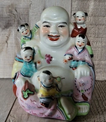 Vintage Buddha Fertility Happy Smiling Babies Children Roses Porcelain 5 5/8" - Image 1 of 4