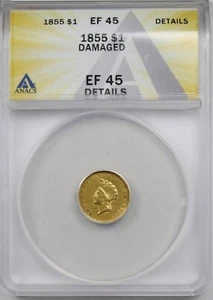 1855 G$1 ANACS XF EF 45 Details Indian Princess Head Gold Dollar - Picture 1 of 4