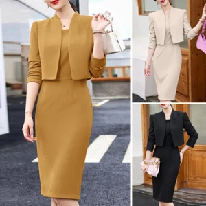 UK Women Sleeveless Knee Length Sundress Long Sleeve Tops Blazer Dress Suit Set - Picture 1 of 14