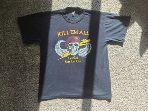 Vintage 80s Kill Em All Let God Sort Em Out T-Shirt JRS Enterprises Navy Size M - Picture 1 of 6