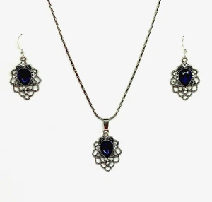 JUEGO DE PENDIENTES COLGANTES DE FILIGRANA DE VIDRIO FACETADO AZUL VICTORIANO ST PLATA PL - Imagen 1 de 11