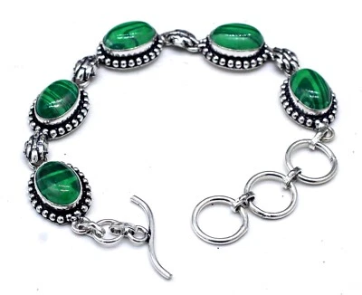925 Sterling Silver Malachite Gemstone Handmade Jewelry Bracelet Size-7-8" - Image 1 of 4