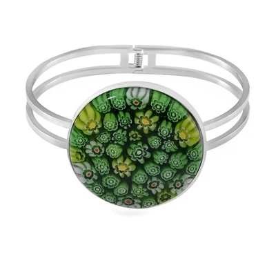 Green Murano Style Floral Glass Bangle Bracelet 6.50in Stainless Steel Milifiore - Image 1 of 4