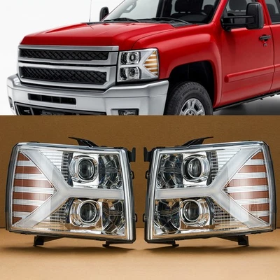 Pair For 2007-2013 Chevy Silverado LED DRL Switchback Chrome Headlights w Bulbs - Image 1 of 4